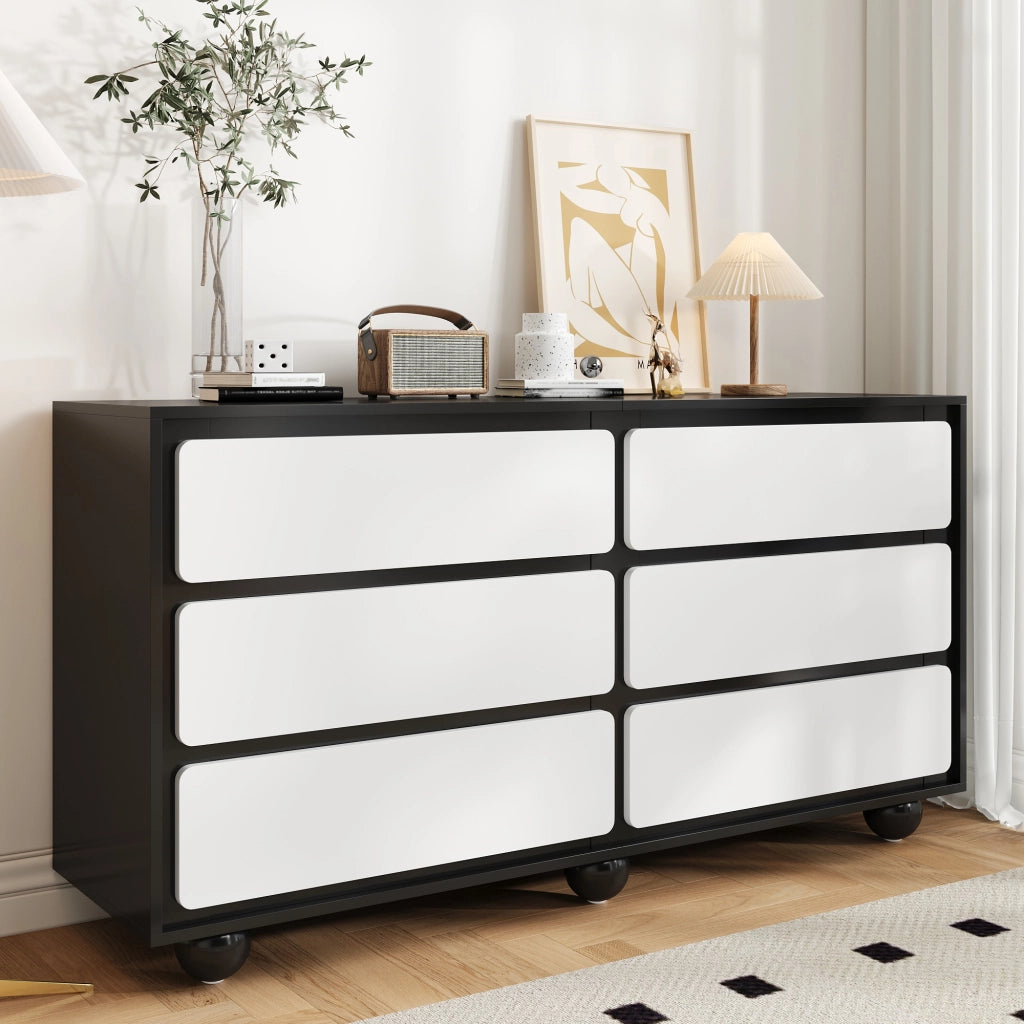 Credenza Cassettiera con 6 Cassetti; Angoli Arrotondati; Piedini in Metallo; Stile Moderno; in Pannello Truciolare; 140??38??74;5 cm; Bianco Nero