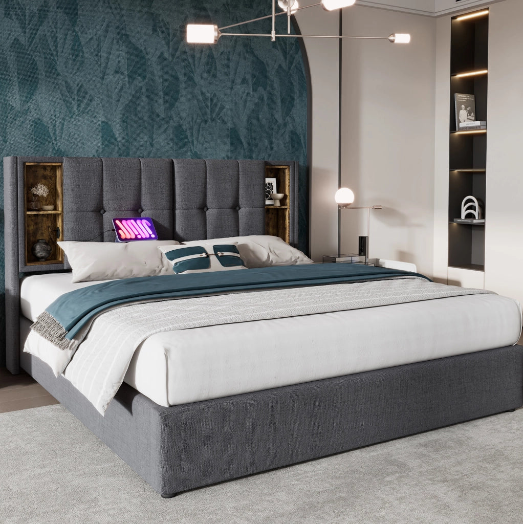 Letto matrimoniale ULEVR 180x200 cm con contenitore, ricarica wireless, 2 USB e Type-C, cotone grigio