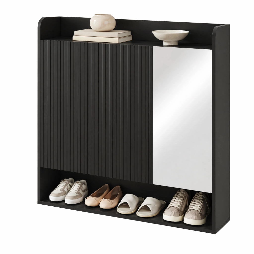 Scarpiera nera con specchio a figura intera e ripiani regolabili 110x35;5x110 cm