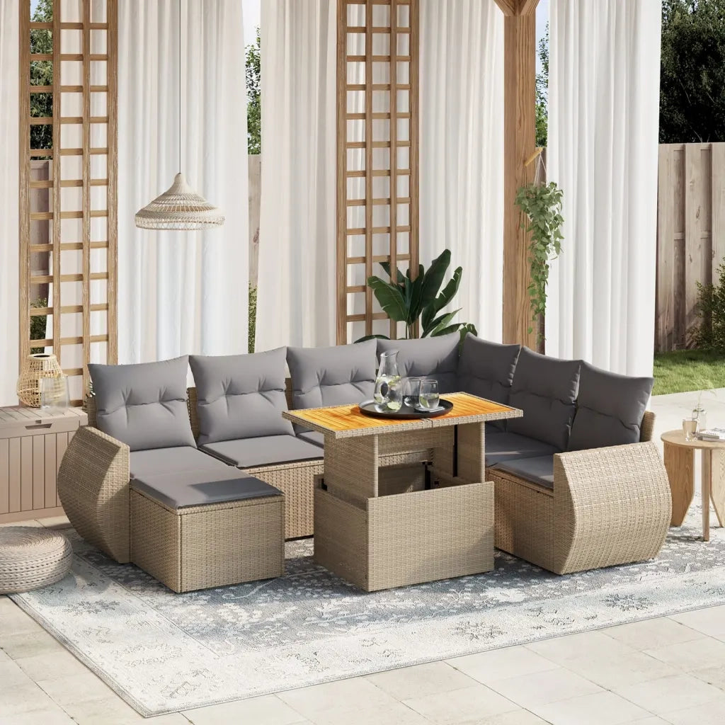 Set Divano da Giardino 8 pz con Cuscini Beige in Polyrattan