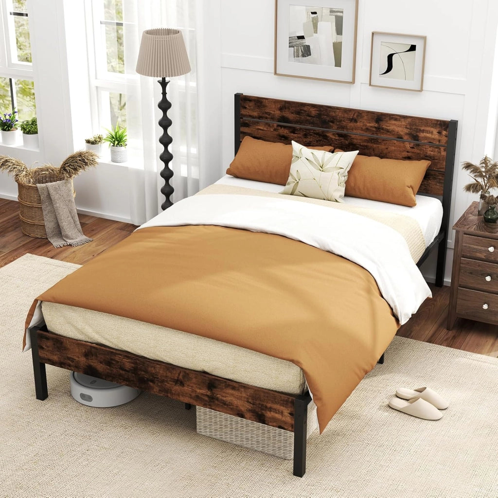Telaio letto per materasso 140 x 200 cm, letto in metallo con rete a doghe, telaio del letto con testiera, letto matrimoniale industriale, in metallo e legno, letto per gli ospiti