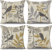 Coprimano per divano, 40 x 40 cm, set di 4, fiori retro, foglie, uccello, grigio, coprimano per divano, coprimano per sedia, coprimano per cuscino, lavabile, poliestere, lana, tessuto, coprimano per esterno