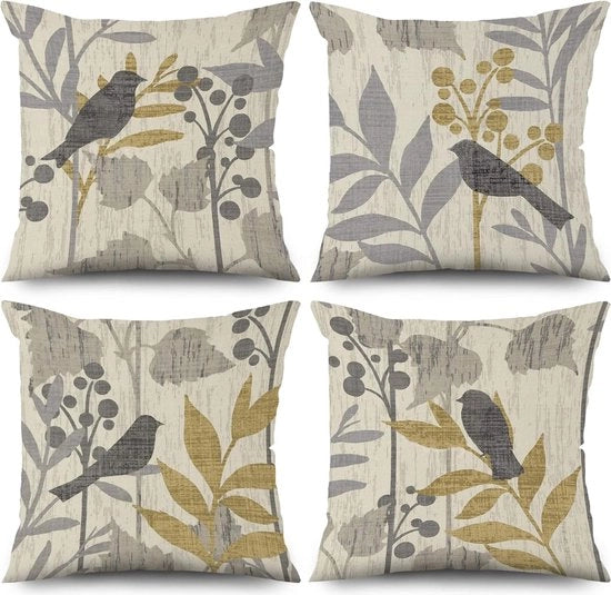 Coprimano per divano, 40 x 40 cm, set di 4, fiori retro, foglie, uccello, grigio, coprimano per divano, coprimano per sedia, coprimano per cuscino, lavabile, poliestere, lana, tessuto, coprimano per esterno