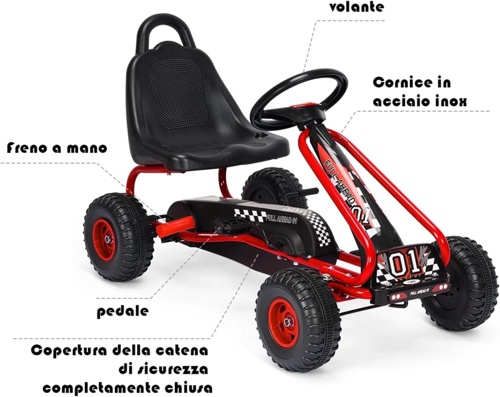 Go Kart a Pedali per Bambini, Go Kart Veicolo con Sedile Regolabile e Freno a Mano, per Bambini 3-6 Anni, Portata Massima 30 kg (Rosso)