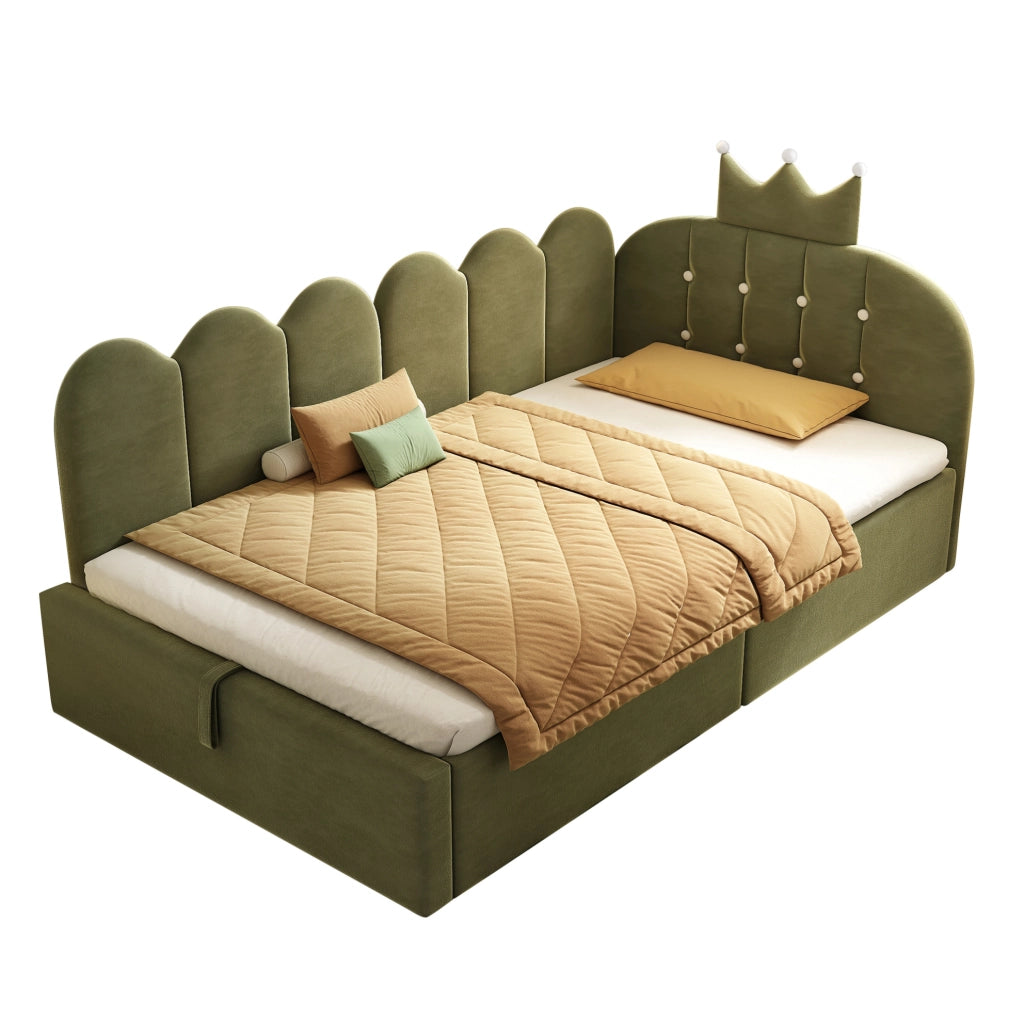 Letto daybed singolo 90x190 cm con contenitore; design corona in velluto verde