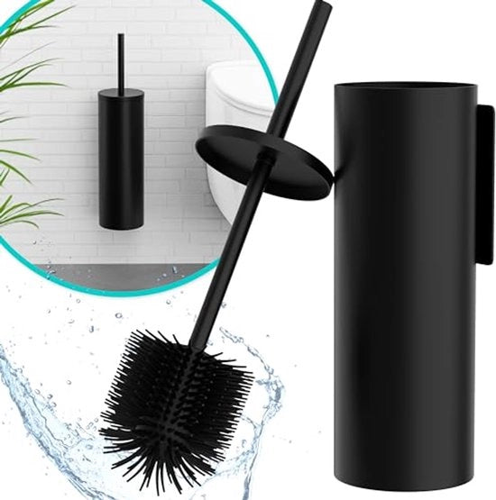 Spazzola per il water Zwart - Spazzola per il water in silicone e metallo - Spazzola per il water da attaccare al muro senza forare - Spazzola per il water da attaccare al muro con adesivo o viti - Supporto per spazzola del water - WC3610