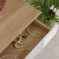 Toeletta Tavolo da Trucco con Specchio Circolare Ф39cm, Consolle Trucco con Cassetto con Decorazione Jungle, Bianco e Rovere, 70x39x119-128cm