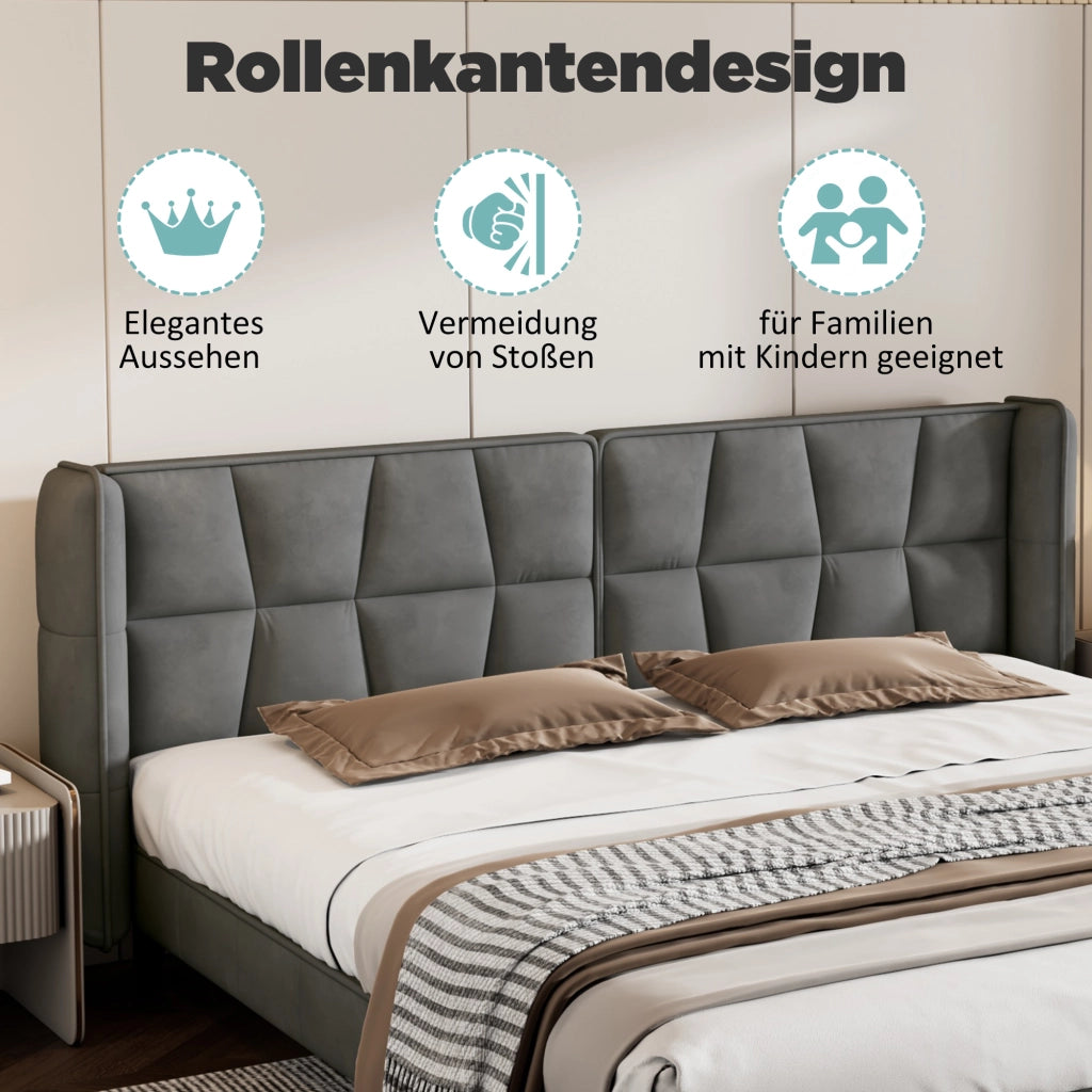 OKWISH Letto Matrimoniale 180×200 cm con Testiera Imbottita, Doghe in Legno e Piedini di Rinforzo, senza Materasso, Velluto Grigio