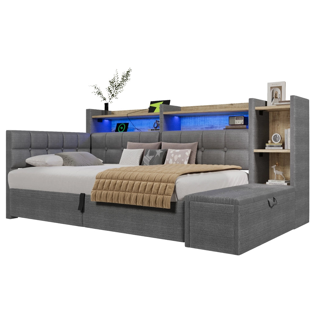 Daybed in velluto 90x200 cm con accumulo idraulico LED e USB-C - Grigio scuro