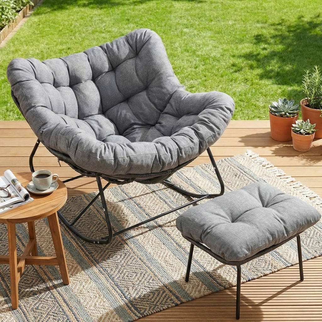 Set di sedie a dondolo con sgabello in rattan, resistente alle intemperie, con spessa imbottitura rimovibile, portata di 150 kg, per giardino, balcone, soggiorno