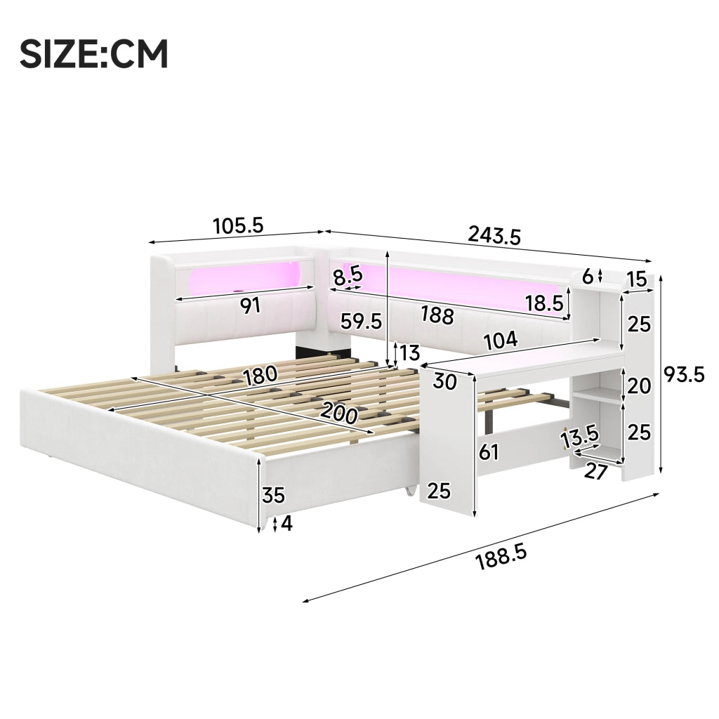 Letto estraibile da 90x200 a 180x200 cm; imbottito bianco con scrivania integrata; USB e LED