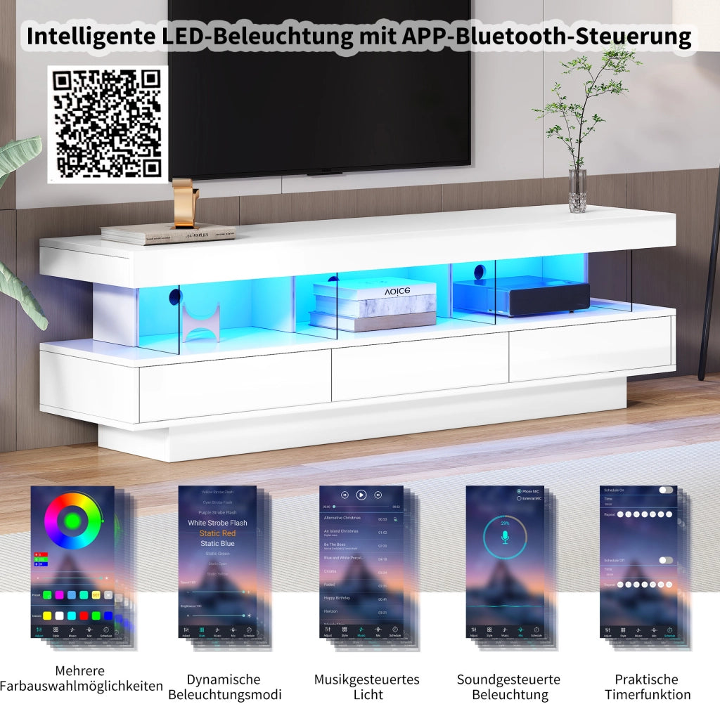 Mobile porta televisore bianco lucido con 3 vani in vetro, LED e comando Bluetooth