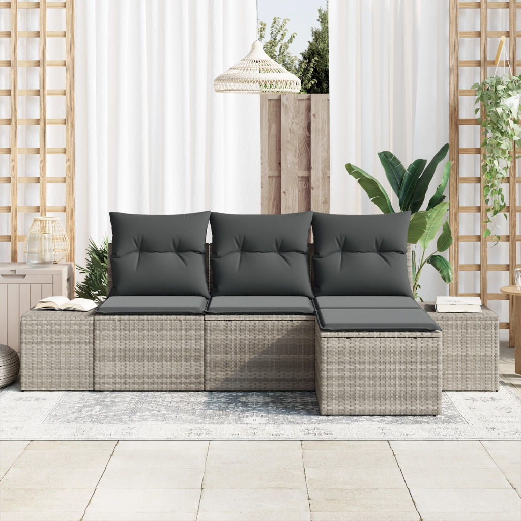 Set Divano da Giardino da 4 Pezzi con Cuscini Grigio Chiaro Polyrattan