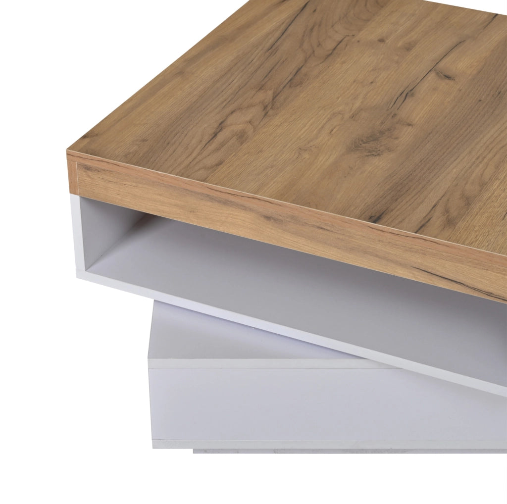 Tavolino da caffè quadrato girevole 360° con LED e vani aperti 65x65x40 cm in MDF bianco e rovere