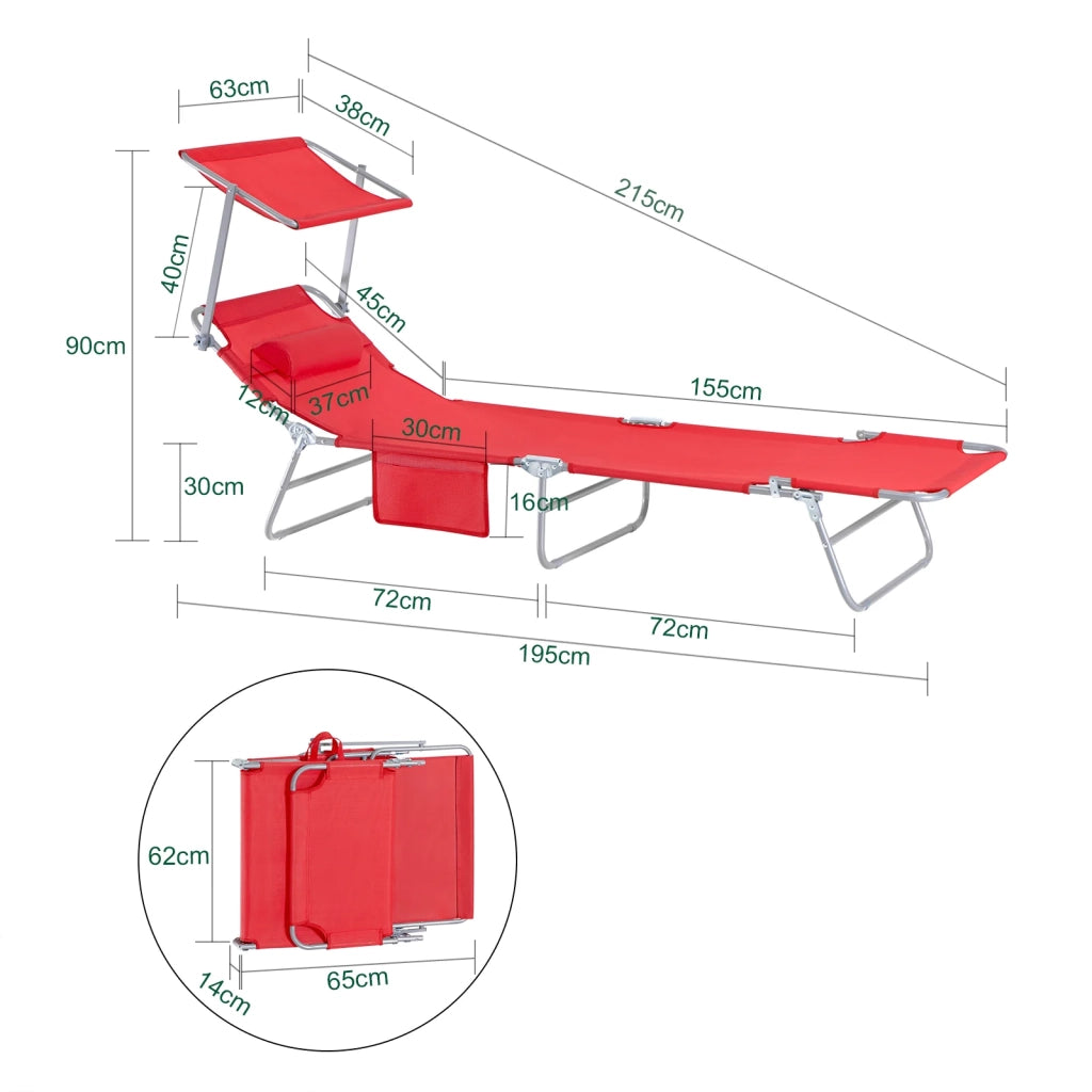Lettino Prendisole Pieghevole Cuscino e tettuccio Regolabile 4 Angoli di reclinazione con Organizer Rosso OGS48-R