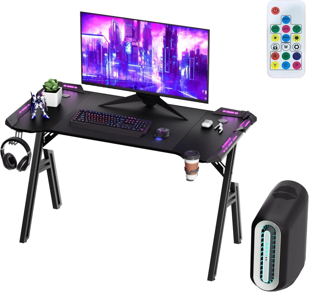 Tavolo da gioco con LED, 140 x 60 cm, scrivania per computer con superficie in fibra di carbonio, scrivania da ufficio, tavolo con gancio per cuffie e porta bevande, nero