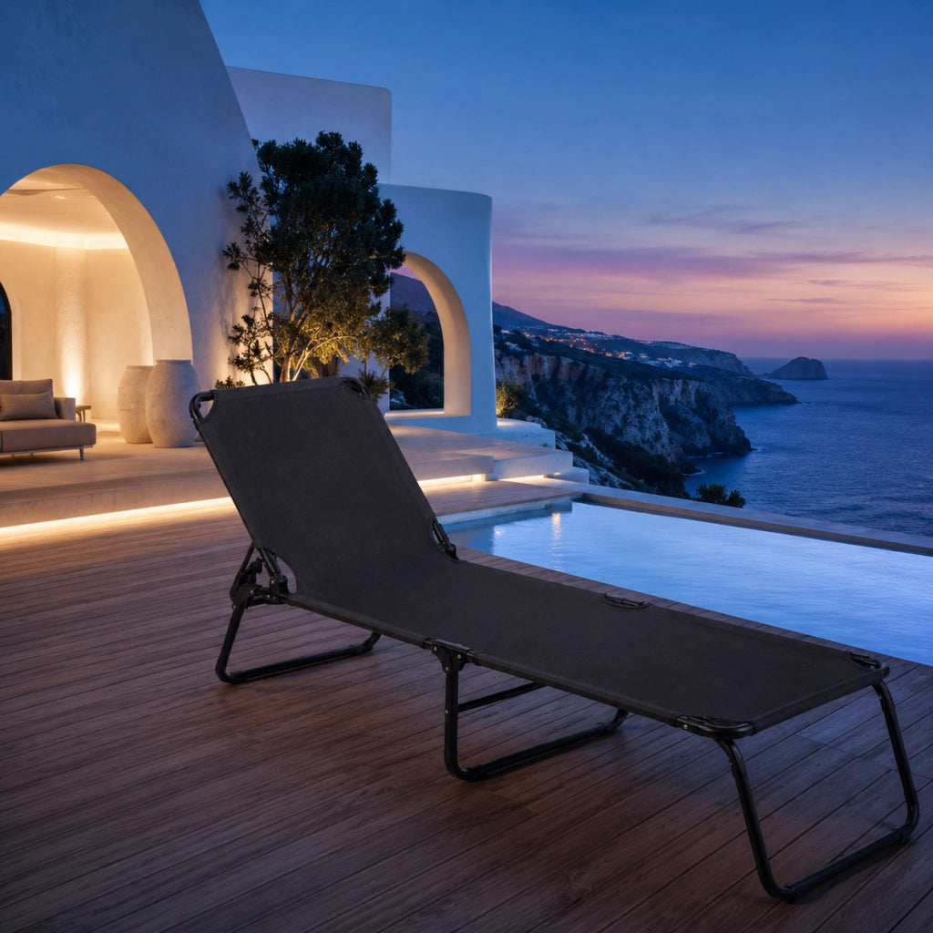 Lettino Relax Prendisole Pieghevole Senza Tettuccio Schienale Regolabile Reclinabile Struttura In Metallo Nero Sedia Sdraio Per Spiaggia Mare Giardino Piscina 187 x 53 x 24 Cm Nero