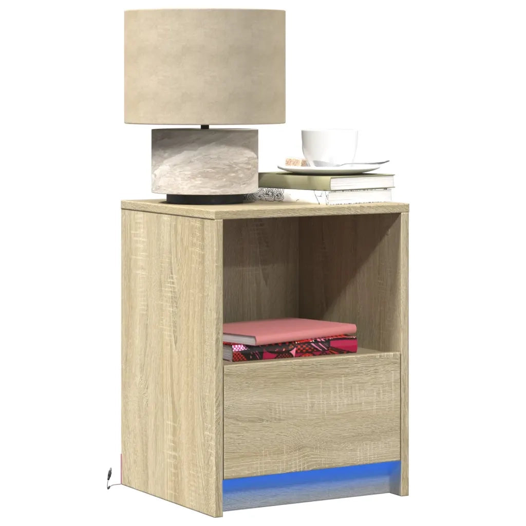 Set di 2 Comodini | Armadio da Notte | Mobiletto da notte con Luci LED Rovere Sonoma in Legno Multistrato