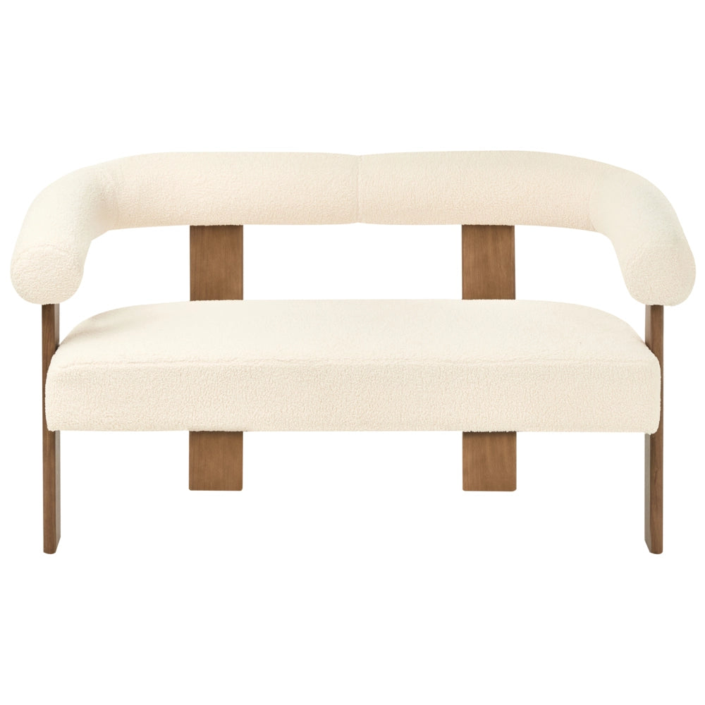 Divano a 2 posti Boucle bianco sporco e Marrone Scuro stile retrò gambe in legno