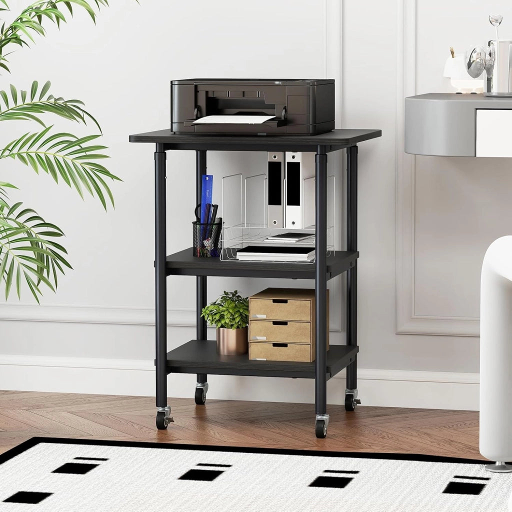 Supporto per Stampante, Carrello Stampante a 3 Livelli con Ripiani di Stoccaggio e Ruote con Blocco, Altezza Regolabile, per Stampante 3D Scanner Fax, 49 x 40 x 65/77 cm (Nero)
