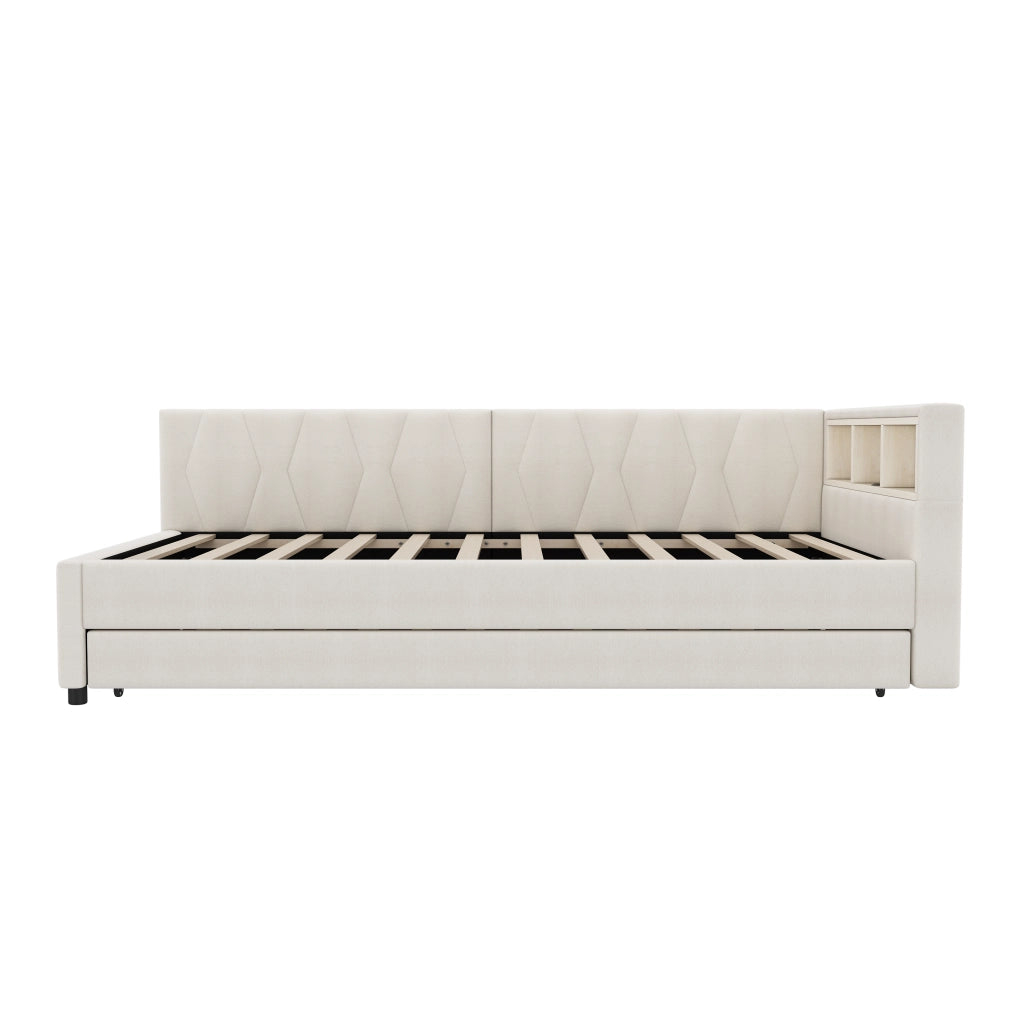 LETTO estraibile 90x200 cm in lino beige con USB, LED e vani testiera