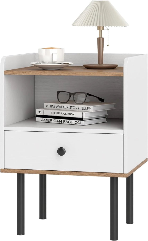 Comodino in Legno con Cassetto, Tavolino da Salotto con Ripiano Aperto, Comodino Moderno per Camera da letto, Soggiorno, Cameretta, 40,5 x 35 x 56 cm (1, Nero)