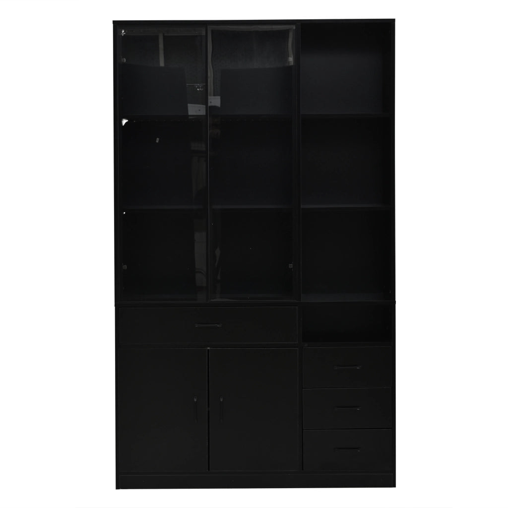 Hochschrank con vetrina in vetro, 120 x 35 x 200 cm, con 4 cassetti, 13 vani, LED, colore nero
