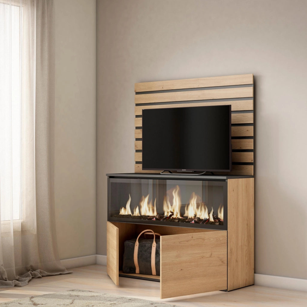 Credenza, 107x35x145cm, Camera da letto, Camino elettrico XXL, colore Rovere RF3418