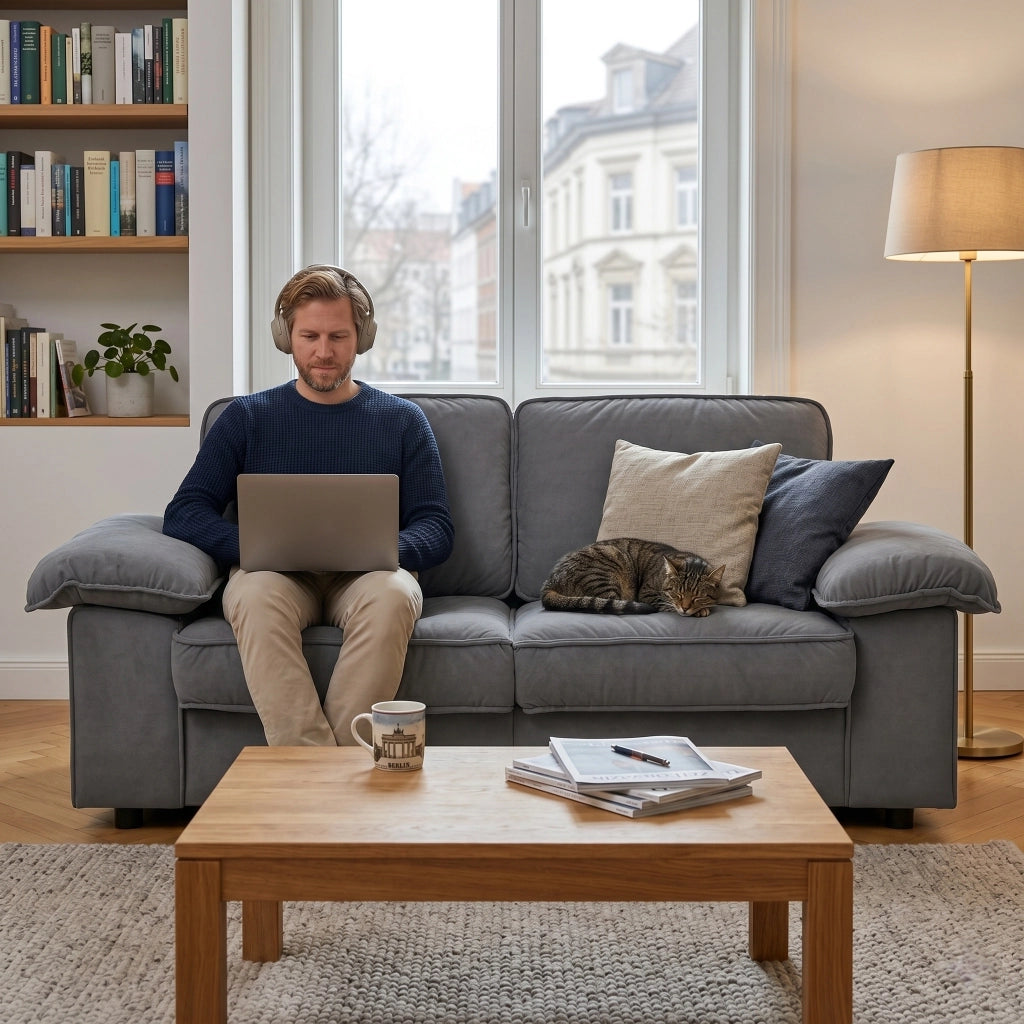 Divano con vano contenitore, seduta ergonomica e braccioli imbottiti, con cuscini schienale in tessuto grigio