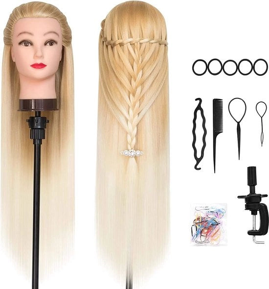 Orefice con capelli a fibre a alta temperatura, capelli in pieghe, accessori per la bellezza, manichino, con treppiede e capelli DIY, accessori per la stilizzazione B