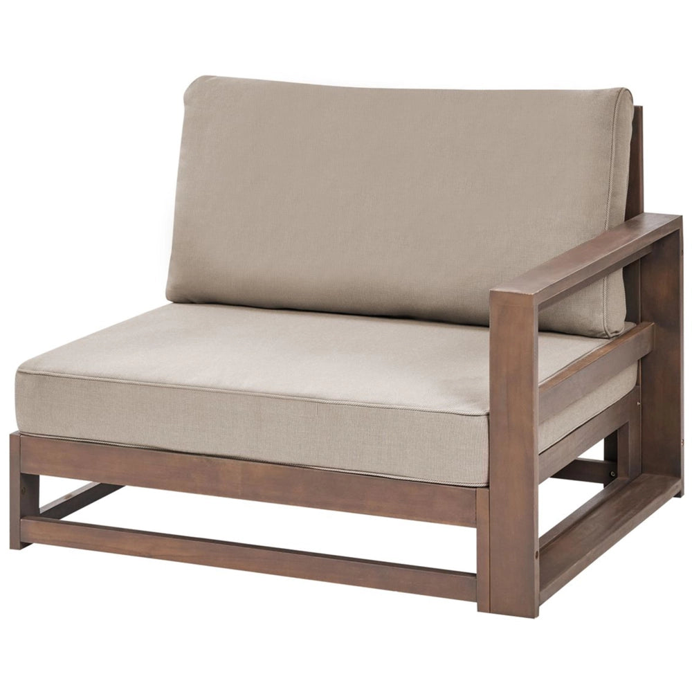 Salotto da giardino 4 posti in legno d'acacia chiaro con cuscini color tortora e tavolo lato destro esterno moderno