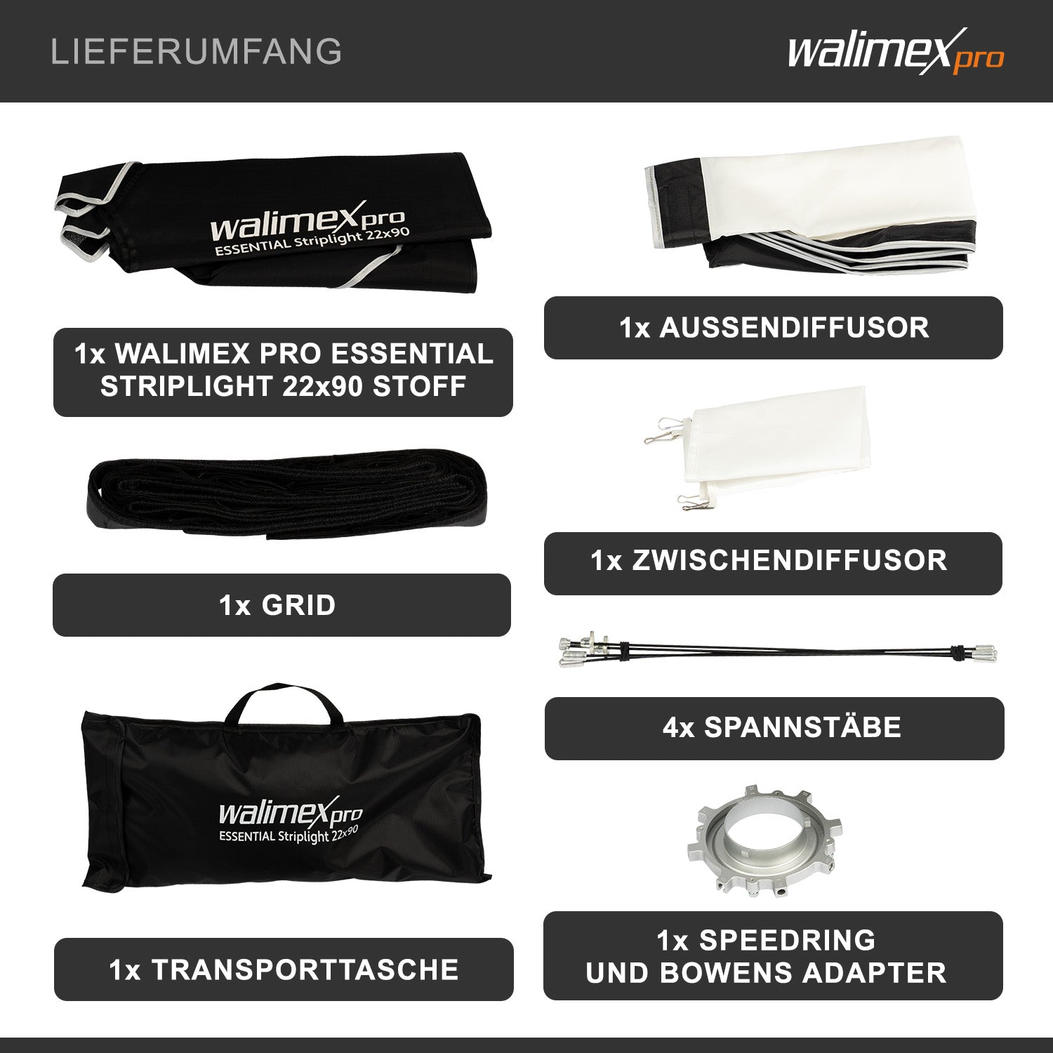 Softbox Essential Striplight 22 x 90 cm per luce morbida, sagomatore di luce girevole a 360°, con griglia, adattatore Bowens, diffusore e borsa, per fotografia di prodotti e persone