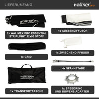 Softbox Essential Striplight 22 x 90 cm per luce morbida, sagomatore di luce girevole a 360°, con griglia, adattatore Bowens, diffusore e borsa, per fotografia di prodotti e persone