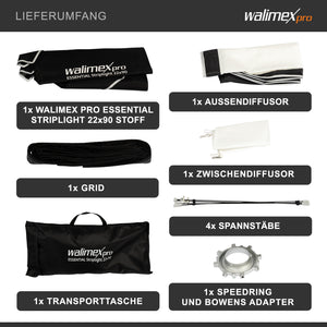 Softbox Essential Striplight 22 x 90 cm per luce morbida, sagomatore di luce girevole a 360°, con griglia, adattatore Bowens, diffusore e borsa, per fotografia di prodotti e persone