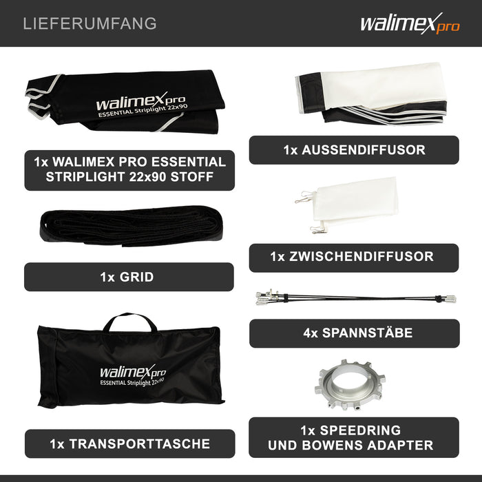 Softbox Essential Striplight 22 x 90 cm per luce morbida, sagomatore di luce girevole a 360°, con griglia, adattatore Bowens, diffusore e borsa, per fotografia di prodotti e persone