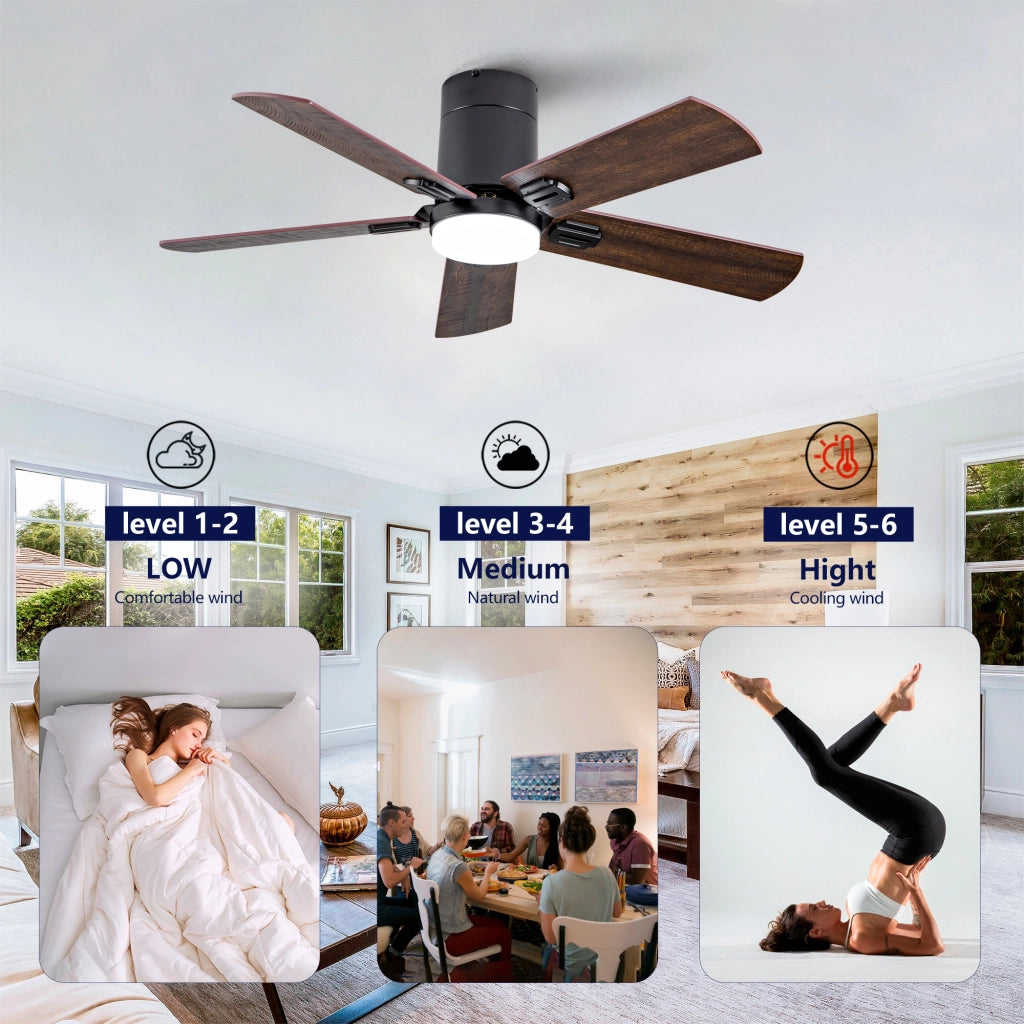 Ventilatore da soffitto a filo con luce dimmerabile e telecomando, motore DC reversibile nero e noce scuro