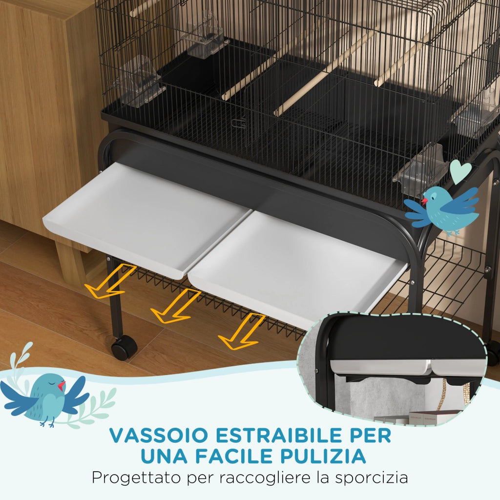 Voliera Gabbia per Uccelli da Interno 85x49x119 cm con Vassoio Ripiano e Ruote con Freno Nero