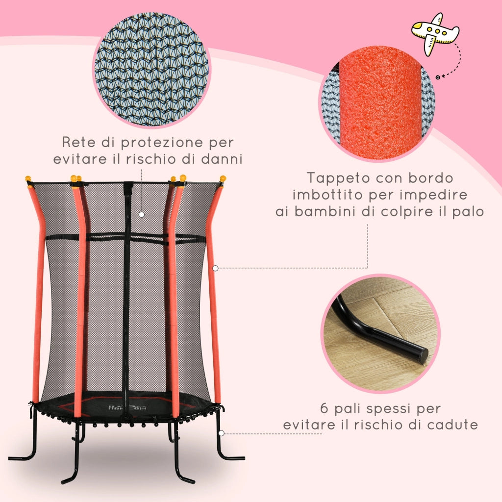 Tappeto Elastico per Bambini Ø163.5x190 cm con Ingresso a Cerniera e Pali Imbottiti Rosso