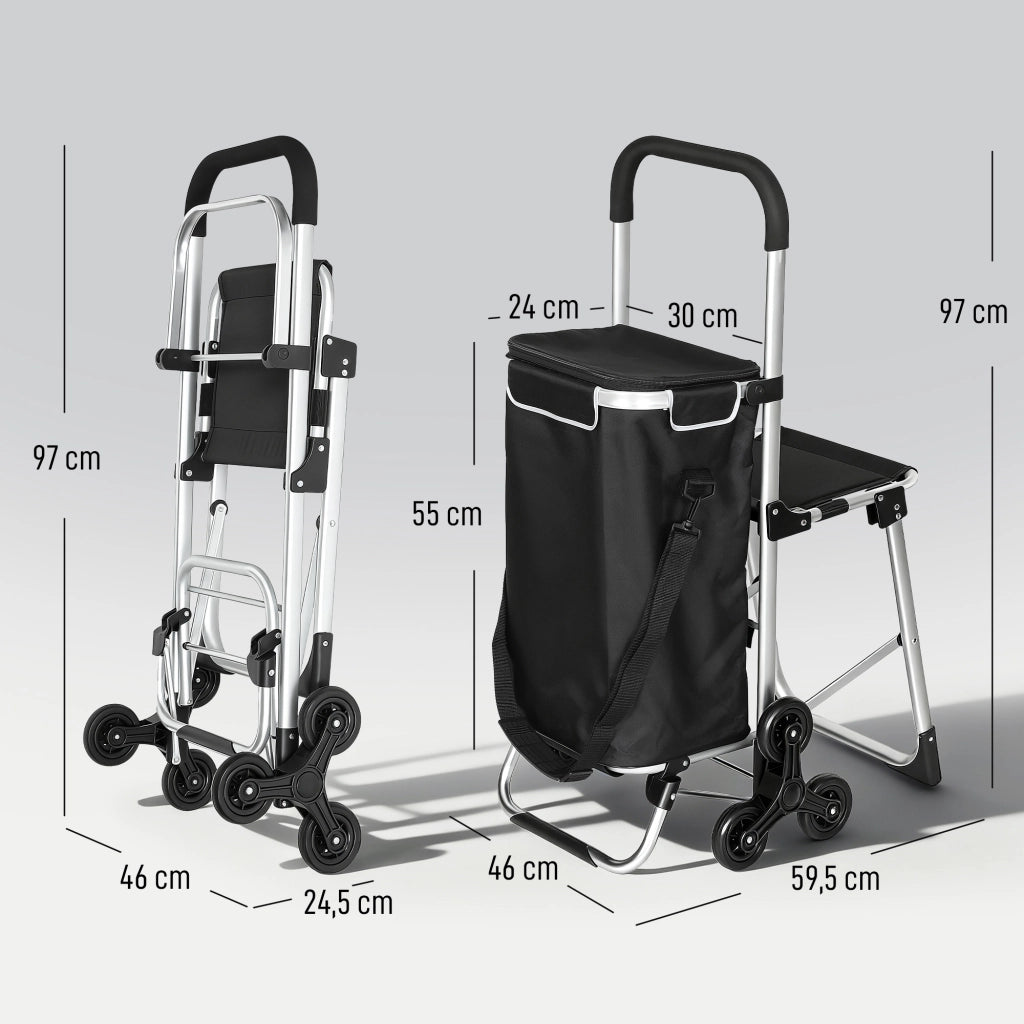 Carrello per la spesa pieghevole con sedia e sacchetto ¨C Zephmum ¨C Nero 46x59.5x97cm