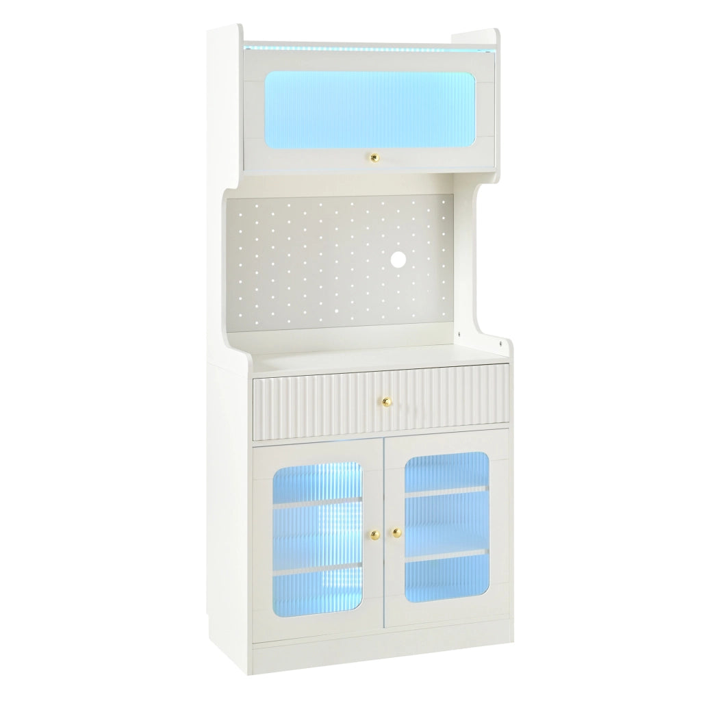 Credenza 80x40x180 cm con LED; ripiani regolabili e anta ribaltabile in MDF e truciolare bianco