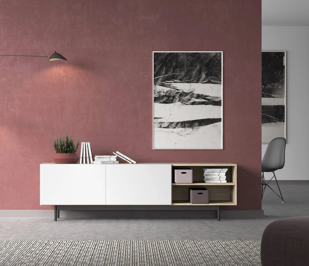 Mobile TV Herdasa effetto rovere chiaro e bianco gambe grafite 52x180x44