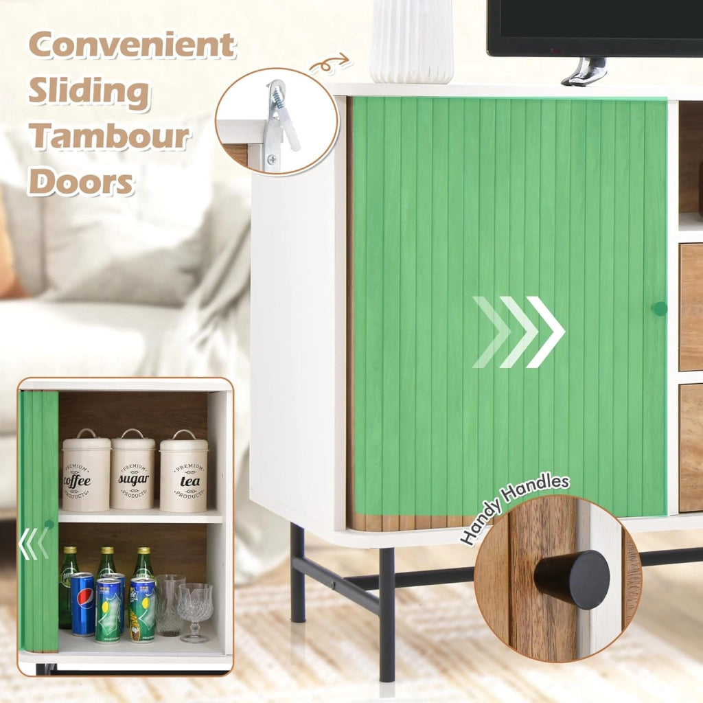 Credenza con ante scorrevoli, armadio a buffet con 2 cassetti e 1 ripiano aperto, comò in legno con protezione antiribaltamento, mobile TV per soggiorno, cucina, 150 x 45 x 74 cm
