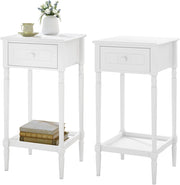 Comodino Alto con Cassetto e Ripiano Aperto, Tavolino da Divano 35x35x70,5cm, Tavolino da Salotto Bianco per Camera da Letto, Soggiorno, Stile Barocco, Gambe in Legno Massello, NTS09ws