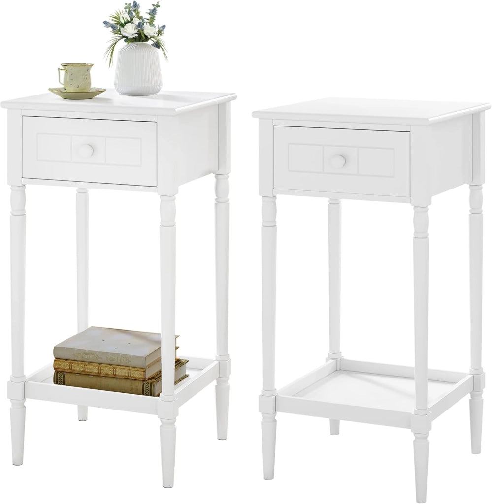 Comodino Alto con Cassetto e Ripiano Aperto, Tavolino da Divano 35x35x70,5cm, Tavolino da Salotto Bianco per Camera da Letto, Soggiorno, Stile Barocco, Gambe in Legno Massello, NTS09ws
