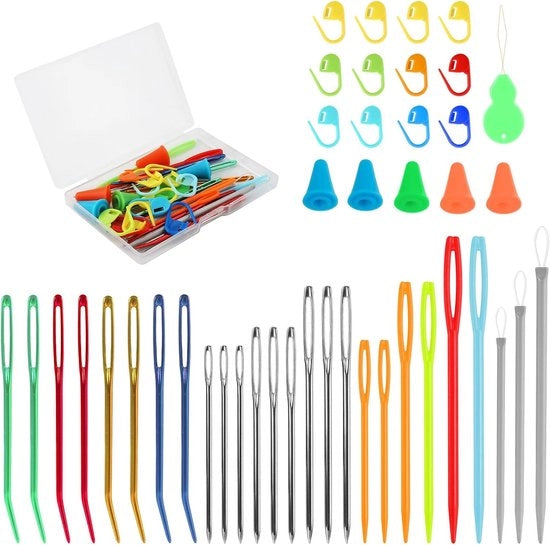 45 set di aghi per cucire, aghi per tappeto, aghi per tenda, aghi per cucire a maglia e aghi per cucire a mano con marcatori di punti e scatola di conservazione