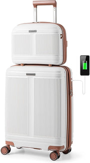 Set di Bagagli da 2 Pezzi, Valigia Trolley da 20" e Casetta da Trucco da 14" in Materiale PP Rigido Leggero con Lucchetto TSA, Porta USB e Ruote Girevoli, Bagaglio a Mano Espandibile (Bianco)