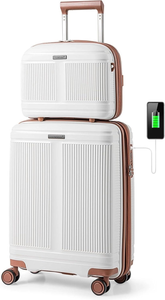Set di Bagagli da 2 Pezzi, Valigia Trolley da 20" e Casetta da Trucco da 14" in Materiale PP Rigido Leggero con Lucchetto TSA, Porta USB e Ruote Girevoli, Bagaglio a Mano Espandibile (Bianco)
