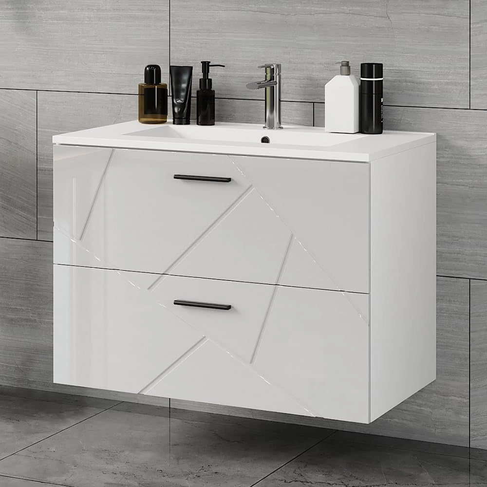 Set di mobili da bagno Irma, Bianco/bianco lucido, 80 cm, composto da mobile sottolavabo e lavabo