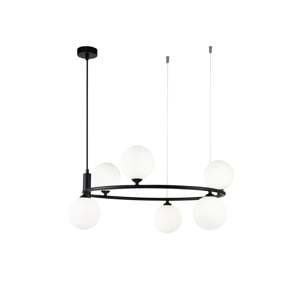 Lampadario Contemporaneo Ring Metallo Nero 6 Luci E Diffusori Bianchi