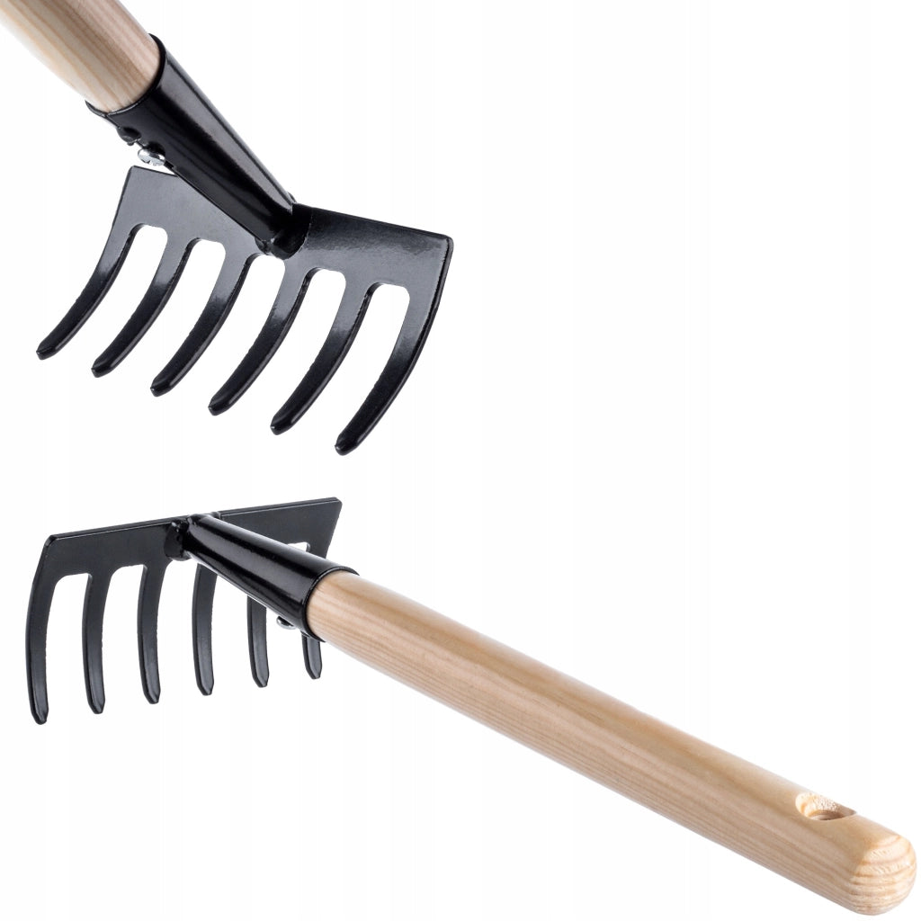 Rastrello da giardino in metallo KADAX, piccolo, 33 cm, 6 denti, manico in legno massello